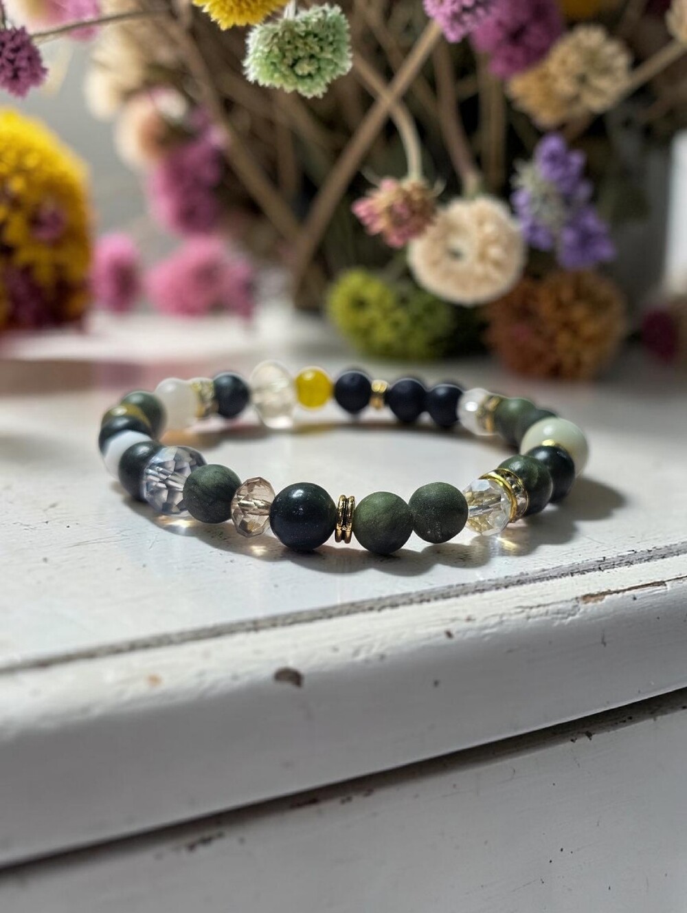 Green Beaded Stretch Bracelet with Gold Accents